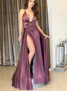 Sleevekess V Neck Prom Dresses with Slit