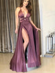Sleevekess V Neck Prom Dresses with Slit