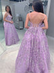 Spaghetti Straps Lilac Tulle Appliques Lace Up Prom Dresses