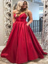 A Line V Neck Satin Red Prom Dress with Pockets LBQ1007