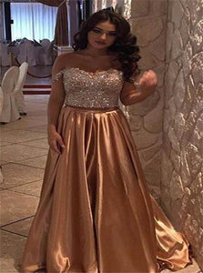 A Line Two Piece Off the Shoulder Appliques Satin Brown Prom Dresses