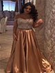 A Line Two Piece Off the Shoulder Appliques Satin Brown Prom Dresses