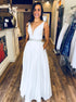 A Line White V Neck Chiffon Beadings Prom Dresses with Pockets LBQ2131