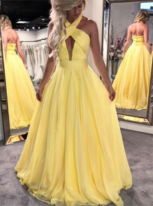 A Line Halter Open Back Yellow Chiffon Prom Dresses