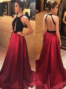 A Line Satin Backless Red and Black Pleats Prom Dress