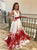 A Line White And Red V Neck Satin Printed Prom Dresses