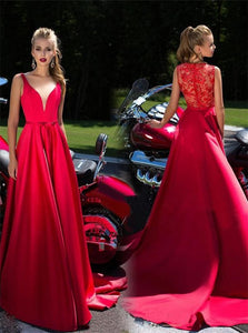 A Line V Neck Red Lace Satin Prom Dresses