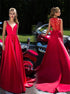 A Line V Neck Red Lace Satin Prom Dress LBQ2894
