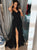 Spaghetti Straps A Line Floor Length Black Prom Dresses with Split