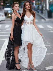 A Line Spaghetti Straps V Neck High Low Lace Black Prom Dresses