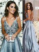 A Line Blue Spaghetti Straps  Backless Prom Dresses