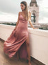 Sheath V Neck Floor Length Pink Satin Prom Dress with Split LBQ2057