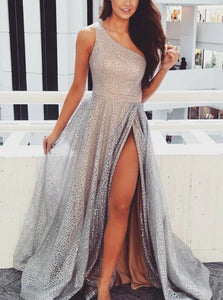 Popular One Shoulder Lace Silver Prom Dress with Split 