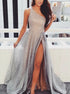 A Line One Shoulder Lace Silver Prom Dress with Split LBQ2609