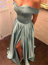 A Line Off The Shoulder Pleats Satin Prom Dress with Slit LBQ2818