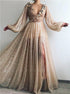 Sequins Long Sleeves V Neck Front Slit Prom Dress LBQ0802