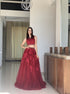 A Line Scoop Two Pieces Burgundy Tulle Appliques Prom Dress LBQ3225