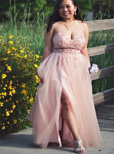 A Line Straps Pink Tulle Prom Dress with Slit and Rhinestones 