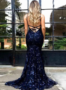 Dark Blue Chiffon Lace Up Mermaid Prom Dresses with Appliques