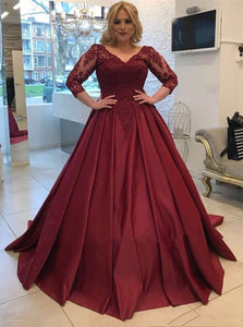 Burgundy 3/4 Sleeves Ball Gowns Satin Sweep Train Prom Dresses 