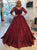 Burgundy 3/4 Sleeves Ball Gowns Satin Sweep Train Prom Dresses 