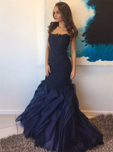 Mermaid Strapless Organza Sweep Train Appliques Lace Dark Navy Prom Dresses 