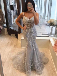 Spaghetti Straps Mermaid V Neck Appliques Prom Dresses