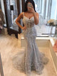 Spaghetti Straps Mermaid V Neck Appliques Prom Dresses