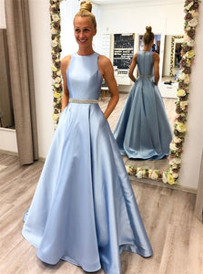 A Line Scoop Light Blue Satin Beadings Prom Dresses