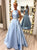 A Line Scoop Light Blue Satin Beadings Prom Dresses