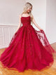 A Line Spaghetti Straps Red Lace Tulle Prom Dresses
