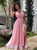 A Line Pink V Neck Chiffon Prom Dresses with Slit