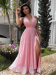 A Line Pink V Neck Chiffon Prom Dresses with Slit