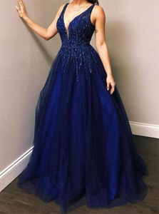 Sleeveless Sweep Train Blue Prom Dresses