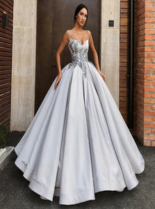 Ball Gown V Neck Satin Appliques Prom Dresses