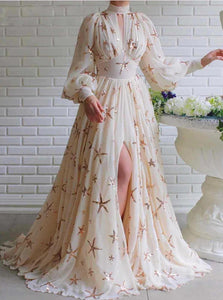 Long Sleeves A Line Chiffon Stars Prom Dresses 
