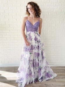 A Line Lavender Lace Floral Chiffon Spaghetti Prom Dresses 