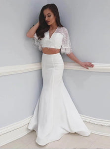 V Neck White Two Piece Lace Mermaid Half Sleeves Prom Dresses