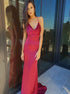 Mermaid Spaghetti Straps V Neck Burgundy Satin Prom Dresses LBQ3262