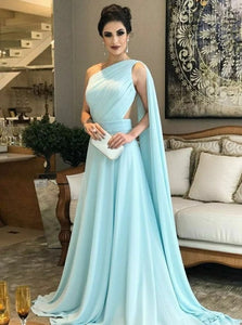 A Line Chiffon One Shoulder Chiffon Blue Pleats Prom Dresses