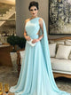 A Line Chiffon One Shoulder Chiffon Blue Pleats Prom Dresses