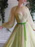 A Line Tulle Long Sleeves Beadings Scoop Prom Dress with Belt LBQ2765