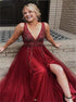 A Line Burgundy Tulle Slit Prom Dress with Beading LBQ1628