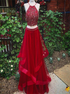 A Line Spaghetti Straps Two Piece Red Sequins Tulle Backless Prom Dresses LBQ3275