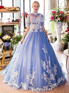 Ball Gown Halter Appliques Open Back Blue Prom Dresses 