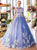 Ball Gown Halter Appliques Open Back Blue Prom Dresses 