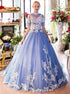 Ball Gown Halter Appliques Open Back Blue Prom Dress LBQ2875