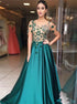 A Line Stars Satin Green V Back Prom Dress LBQ3032