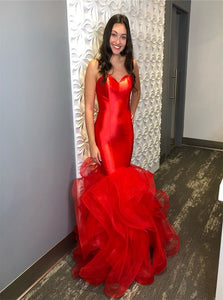Mermaid Red Sweetheart Open Back Satin Ruffles Prom Dresses