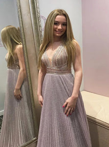 A Line Pleated V Neck Tulle Criss Cross Prom Dresses